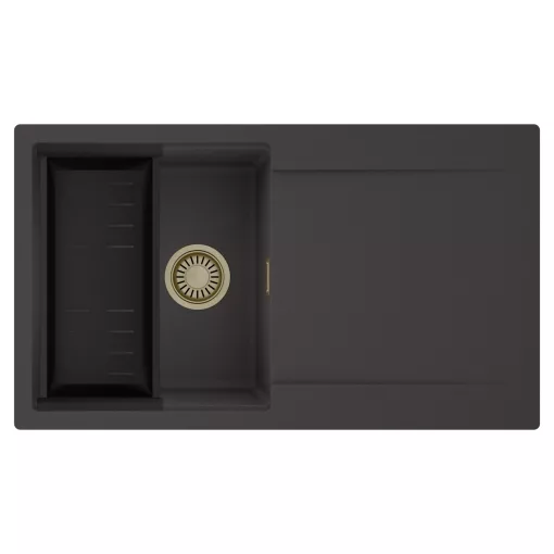 HD Onyx Antracit 86 egymedencés mosogatótálca szett, matt fekete csepegtetőkosárral, csepegtetőtálcával, matt antracit színben, szálcsiszolt arany leeresztő szifonnal