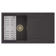 HD Onyx Antracit 86 egymedencés mosogatótálca szett, acél csepegtetőkosárral, csepegtetőtálcával, matt antracit színben, szálcsiszolt arany leeresztő szifonnal