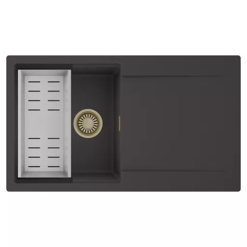 HD Onyx Antracit 86 egymedencés mosogatótálca szett, acél csepegtetőkosárral, csepegtetőtálcával, matt antracit színben, szálcsiszolt arany leeresztő szifonnal