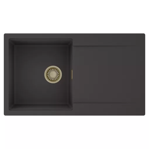 HD Onyx Antracit 86 egymedencés mosogatótálca, csepegtetőtálcával, matt antracit színben, szálcsiszolt arany leeresztő szifonnal