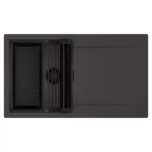 HD Onyx Antracit 86 egymedencés mosogatótálca szett, matt fekete csepegtetőráccsal és kosárral, csepegtetőtálcával, matt antracit színben, matt fekete leeresztő szifonnal