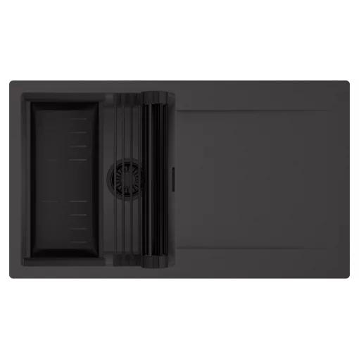 HD Onyx Antracit 86 egymedencés mosogatótálca szett, matt fekete csepegtetőráccsal és kosárral, csepegtetőtálcával, matt antracit színben, matt fekete leeresztő szifonnal