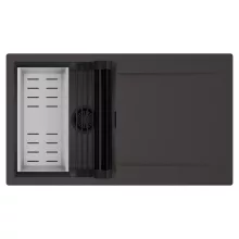 HD Onyx Antracit 86 egymedencés mosogatótálca szett, matt fekete csepegtetőráccsal és krómozott kosárral, csepegtetőtálcával, matt antracit színben, matt fekete leeresztő szifonnal