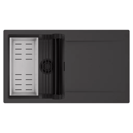 HD Onyx Antracit 86 egymedencés mosogatótálca szett, matt fekete csepegtetőráccsal és krómozott kosárral, csepegtetőtálcával, matt antracit színben, matt fekete leeresztő szifonnal