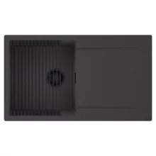 HD Onyx Antracit 86 egymedencés mosogatótálca szett, matt fekete csepegtetőráccsal, csepegtetőtálcával, matt antracit színben, matt fekete leeresztő szifonnal