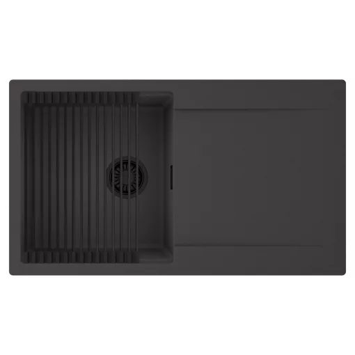 HD Onyx Antracit 86 egymedencés mosogatótálca szett, matt fekete csepegtetőráccsal, csepegtetőtálcával, matt antracit színben, matt fekete leeresztő szifonnal