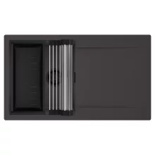 HD Onyx Antracit 86 egymedencés mosogatótálca szett, acél csepegtetőráccsal és matt fekete kosárral, csepegtetőtálcával, matt antracit színben, matt fekete leeresztő szifonnal