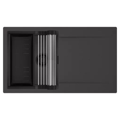 HD Onyx Antracit 86 egymedencés mosogatótálca szett, acél csepegtetőráccsal és matt fekete kosárral, csepegtetőtálcával, matt antracit színben, matt fekete leeresztő szifonnal