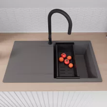 HD Onyx Antracit 86 egymedencés mosogatótálca szett, acél csepegtetőráccsal és matt fekete kosárral, csepegtetőtálcával, matt antracit színben, matt fekete leeresztő szifonnal