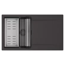 HD Onyx Antracit 86 egymedencés mosogatótálca szett, acél csepegtetőráccsal és kosárral, csepegtetőtálcával, matt antracit színben, matt fekete leeresztő szifonnal