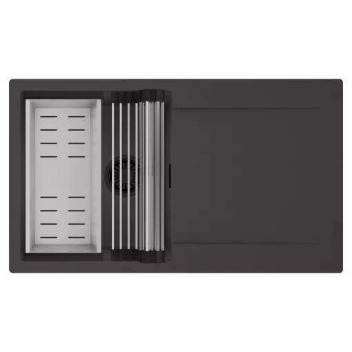 HD Onyx Antracit 86 egymedencés mosogatótálca szett, acél csepegtetőráccsal és kosárral, csepegtetőtálcával, matt antracit színben, matt fekete leeresztő szifonnal