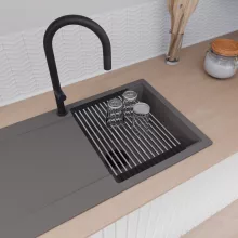 HD Onyx Antracit 86 egymedencés mosogatótálca szett, acél csepegtetőráccsal és kosárral, csepegtetőtálcával, matt antracit színben, matt fekete leeresztő szifonnal