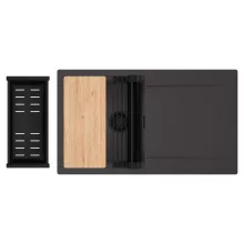 HD Onyx Antracit 86 egymedencés gránit mosogatótálca szett, csepegtetőtálcával, vágódeszkával, matt fekete csepegtetőráccsal és kosárral, matt antracit színben, matt fekete leeresztő szifonnal