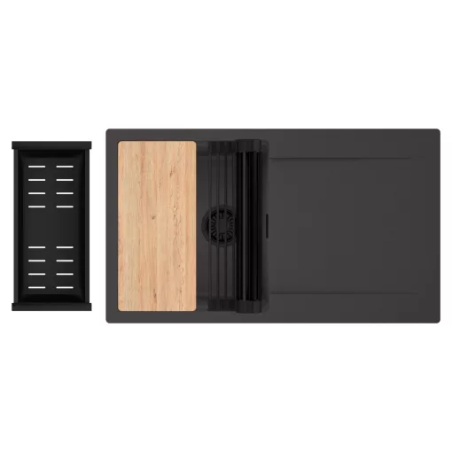 HD Onyx Antracit 86 egymedencés gránit mosogatótálca szett, csepegtetőtálcával, vágódeszkával, matt fekete csepegtetőráccsal és kosárral, matt antracit színben, matt fekete leeresztő szifonnal