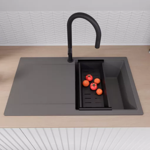 HD Onyx Antracit 86 egymedencés gránit mosogatótálca szett, csepegtetőtálcával, vágódeszkával, matt fekete csepegtetőráccsal és kosárral, matt antracit színben, matt fekete leeresztő szifonnal