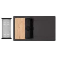 HD Onyx Antracit 86 egymedencés gránit mosogatótálca szett, csepegtetőtálcával, vágódeszkával, matt fekete csepegtetőráccsal és krómozott kosárral, matt antracit színben, matt fekete leeresztő szifonnal