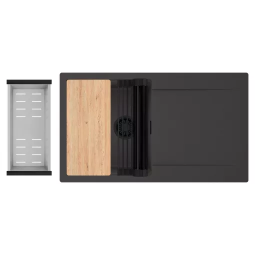 HD Onyx Antracit 86 egymedencés gránit mosogatótálca szett, csepegtetőtálcával, vágódeszkával, matt fekete csepegtetőráccsal és krómozott kosárral, matt antracit színben, matt fekete leeresztő szifonnal