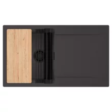 HD Onyx Antracit 86 egymedencés gránit mosogatótálca szett, csepegtetőtálcával, vágódeszkával, matt fekete csepegtetőráccsal, matt antracit színben, matt fekete leeresztő szifonnal