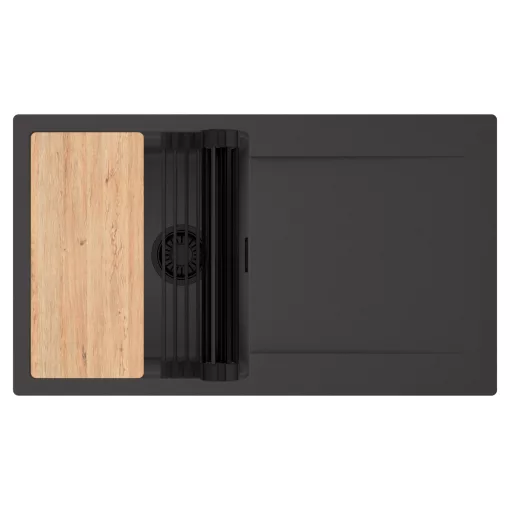 HD Onyx Antracit 86 egymedencés gránit mosogatótálca szett, csepegtetőtálcával, vágódeszkával, matt fekete csepegtetőráccsal, matt antracit színben, matt fekete leeresztő szifonnal