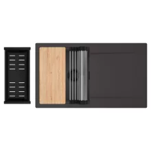 HD Onyx Antracit 86 egymedencés gránit mosogatótálca szett, csepegtetőtálcával, vágódeszkával, acél csepegtetőráccsal és matt fekete kosárral, matt antracit színben, matt fekete leeresztő szifonnal