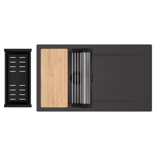 HD Onyx Antracit 86 egymedencés gránit mosogatótálca szett, csepegtetőtálcával, vágódeszkával, acél csepegtetőráccsal és matt fekete kosárral, matt antracit színben, matt fekete leeresztő szifonnal