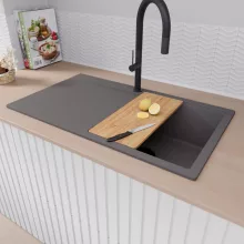 HD Onyx Antracit 86 egymedencés gránit mosogatótálca szett, csepegtetőtálcával, vágódeszkával, acél csepegtetőráccsal és matt fekete kosárral, matt antracit színben, matt fekete leeresztő szifonnal