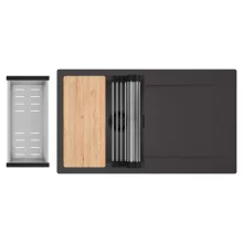 HD Onyx Antracit 86 egymedencés gránit mosogatótálca szett, csepegtetőtálcával, vágódeszkával, acél csepegtetőráccsal és kosárral, matt antracit színben, matt fekete leeresztő szifonnal