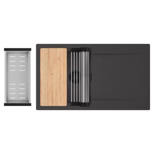 HD Onyx Antracit 86 egymedencés gránit mosogatótálca szett, csepegtetőtálcával, vágódeszkával, acél csepegtetőráccsal és kosárral, matt antracit színben, matt fekete leeresztő szifonnal