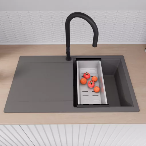 HD Onyx Antracit 86 egymedencés gránit mosogatótálca szett, csepegtetőtálcával, vágódeszkával, acél csepegtetőráccsal és kosárral, matt antracit színben, matt fekete leeresztő szifonnal