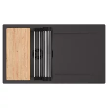 HD Onyx Antracit 86 egymedencés gránit mosogatótálca szett, csepegtetőtálcával, vágódeszkával, acél csepegtetőráccsal, matt antracit színben, matt fekete leeresztő szifonnal