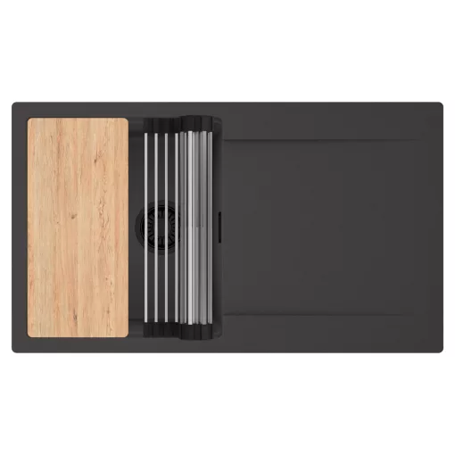 HD Onyx Antracit 86 egymedencés gránit mosogatótálca szett, csepegtetőtálcával, vágódeszkával, acél csepegtetőráccsal, matt antracit színben, matt fekete leeresztő szifonnal