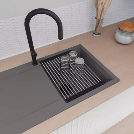 HD Onyx Antracit 86 egymedencés gránit mosogatótálca szett, csepegtetőtálcával, vágódeszkával, acél csepegtetőráccsal, matt antracit színben, matt fekete leeresztő szifonnal