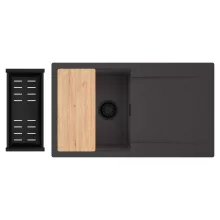 HD Onyx Antracit 86 egymedencés gránit mosogatótálca szett, csepegtetőtálcával, vágódeszkával, matt fekete csepegtetőkosárral, matt antracit színben, matt fekete leeresztő szifonnal