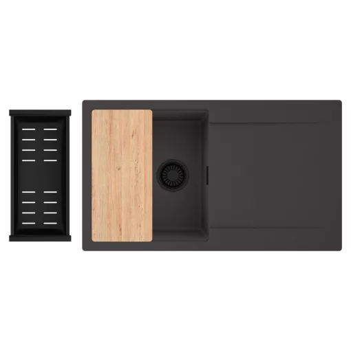 HD Onyx Antracit 86 egymedencés gránit mosogatótálca szett, csepegtetőtálcával, vágódeszkával, matt fekete csepegtetőkosárral, matt antracit színben, matt fekete leeresztő szifonnal