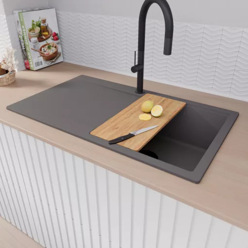 HD Onyx Antracit 86 egymedencés gránit mosogatótálca szett, csepegtetőtálcával, vágódeszkával, matt fekete csepegtetőkosárral, matt antracit színben, matt fekete leeresztő szifonnal