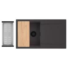 HD Onyx Antracit 86 egymedencés gránit mosogatótálca szett, csepegtetőtálcával, vágódeszkával, acél csepegtetőkosárral, matt antracit színben, matt fekete leeresztő szifonnal