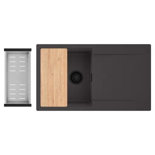 HD Onyx Antracit 86 egymedencés gránit mosogatótálca szett, csepegtetőtálcával, vágódeszkával, acél csepegtetőkosárral, matt antracit színben, matt fekete leeresztő szifonnal