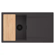 HD Onyx Antracit 86 egymedencés gránit mosogatótálca, vágódeszkával, matt antracit színben, matt fekete leeresztő szifonnal