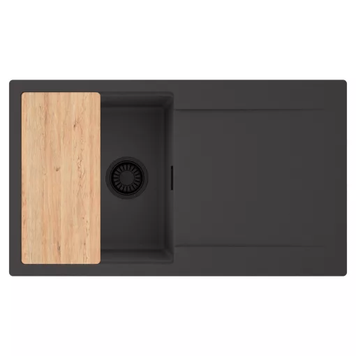 HD Onyx Antracit 86 egymedencés gránit mosogatótálca, vágódeszkával, matt antracit színben, matt fekete leeresztő szifonnal