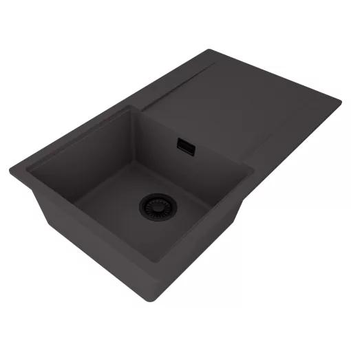 HD Onyx Antracit 86 egymedencés gránit mosogatótálca, vágódeszkával, matt antracit színben, matt fekete leeresztő szifonnal