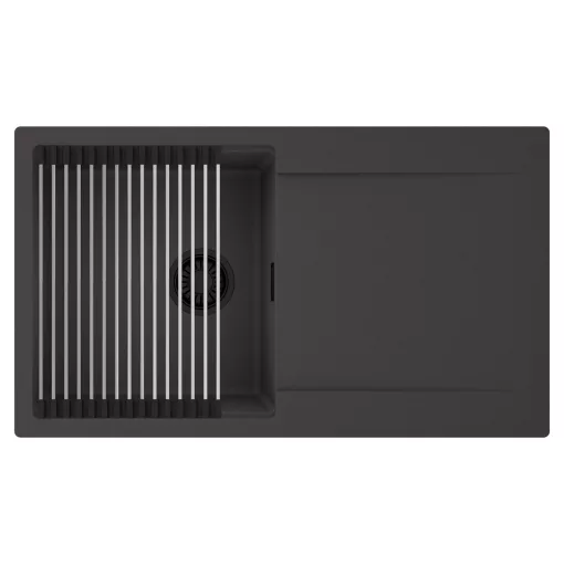 HD Onyx Antracit 86 egymedencés mosogatótálca szett, acél csepegtetőráccsal, csepegtetőtálcával, matt antracit színben, matt fekete leeresztő szifonnal