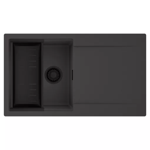 HD Onyx Antracit 86 egymedencés mosogatótálca szett, matt fekete csepegtetőkosárral, csepegtetőtálcával, matt antracit színben, matt fekete leeresztő szifonnal