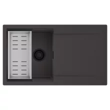 HD Onyx Antracit 86 egymedencés mosogatótálca szett, acél csepegtetőkosárral, csepegtetőtálcával, matt antracit színben, matt fekete leeresztő szifonnal