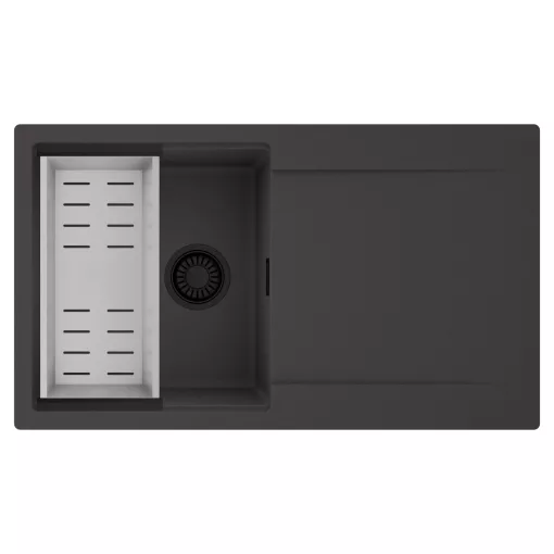 HD Onyx Antracit 86 egymedencés mosogatótálca szett, acél csepegtetőkosárral, csepegtetőtálcával, matt antracit színben, matt fekete leeresztő szifonnal