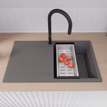 HD Onyx Antracit 86 egymedencés mosogatótálca szett, acél csepegtetőkosárral, csepegtetőtálcával, matt antracit színben, matt fekete leeresztő szifonnal