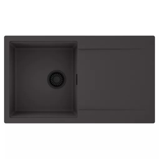 HD Onyx Antracit 86 egymedencés mosogatótálca, csepegtetőtálcával, matt antracit színben, matt fekete leeresztő szifonnal