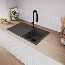 HD Onyx Antracit 86 egymedencés mosogatótálca, csepegtetőtálcával, matt antracit színben, matt fekete leeresztő szifonnal