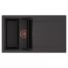 HD Onyx Antracit 86 egymedencés mosogatótálca szett, matt fekete csepegtetőráccsal és kosárral, csepegtetőtálcával, matt antracit színben, szálcsiszolt réz leeresztő szifonnal