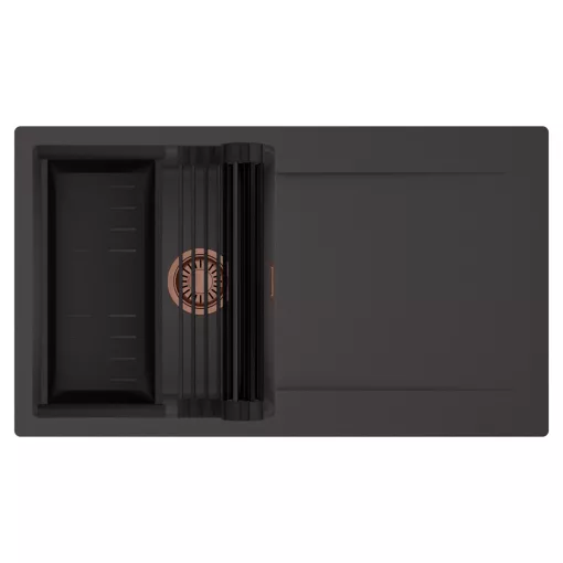 HD Onyx Antracit 86 egymedencés mosogatótálca szett, matt fekete csepegtetőráccsal és kosárral, csepegtetőtálcával, matt antracit színben, szálcsiszolt réz leeresztő szifonnal