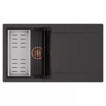 HD Onyx Antracit 86 egymedencés mosogatótálca szett, matt fekete csepegtetőráccsal és krómozott kosárral, csepegtetőtálcával, matt antracit színben, szálcsiszolt réz leeresztő szifonnal